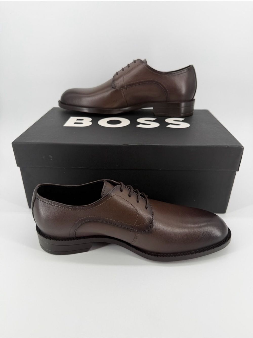 BOSS Tayil Leather Derby Oxford Dress Shoes Plain Toe Brown Men's 7.5 NEW